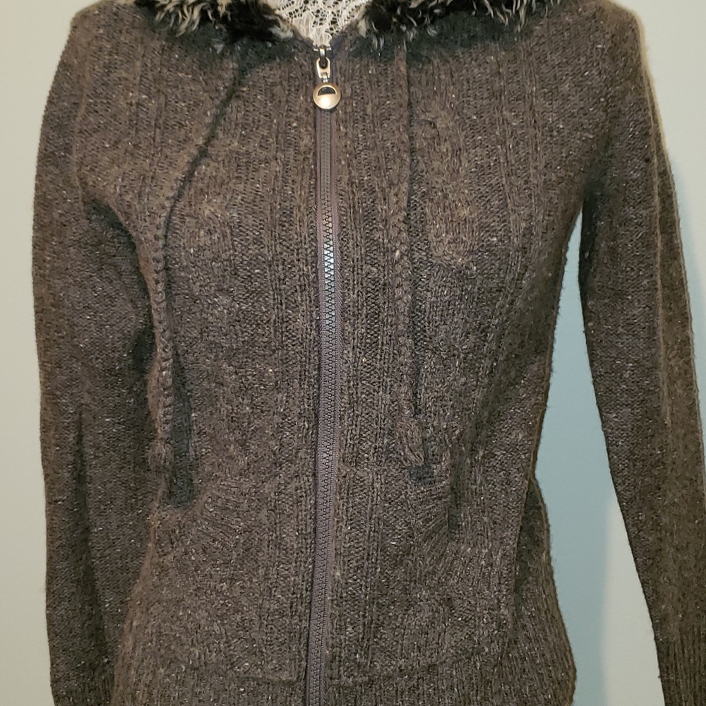 Relativity sweater jacket with faux fur hood